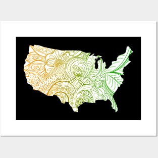 Colorful mandala art map of the United States of America in green and orange on white background Posters and Art